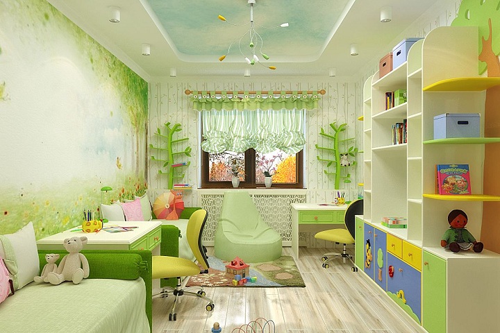 Зеленая комната создана для учебы и развлечений, спальные места отделяем письменный стол, второй при этом так же присутствует, но в углу.