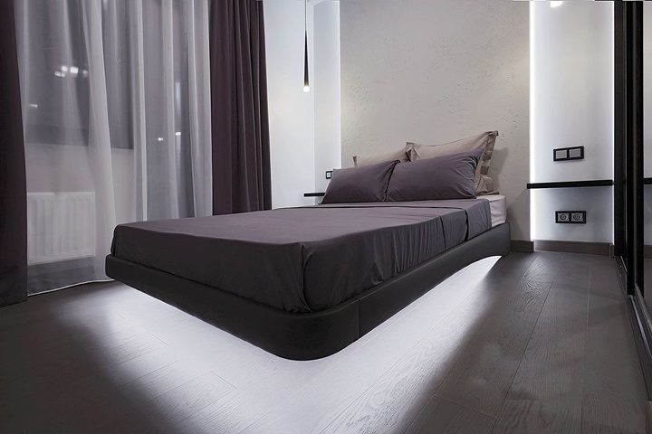 Спальня с парящей кроватью, неординарное решение в техническом дизайн проекте квартиры.