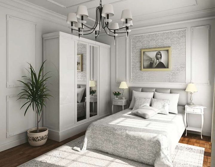 Яркий пример классической белой спальни, текстуры переплетаются между собой и декоративными элементами. Легкие воздушные тумбы и правильная установка освещения подчеркивают слить и гармонию.