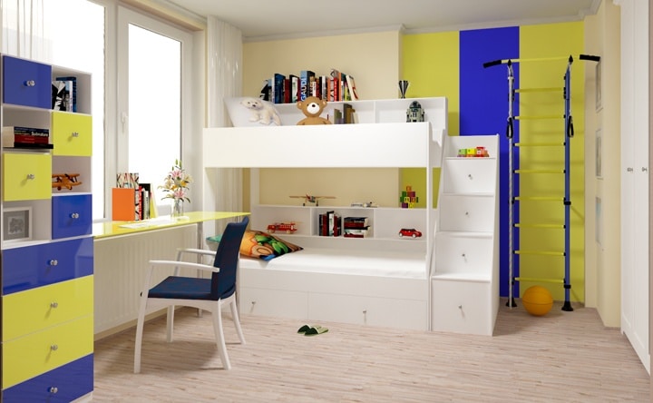 Яркая детская комната для двух детей. Кровать двухярусная белая. Далее представлена комната в других цветах. Вы сами выбираете, то что вам нравится.