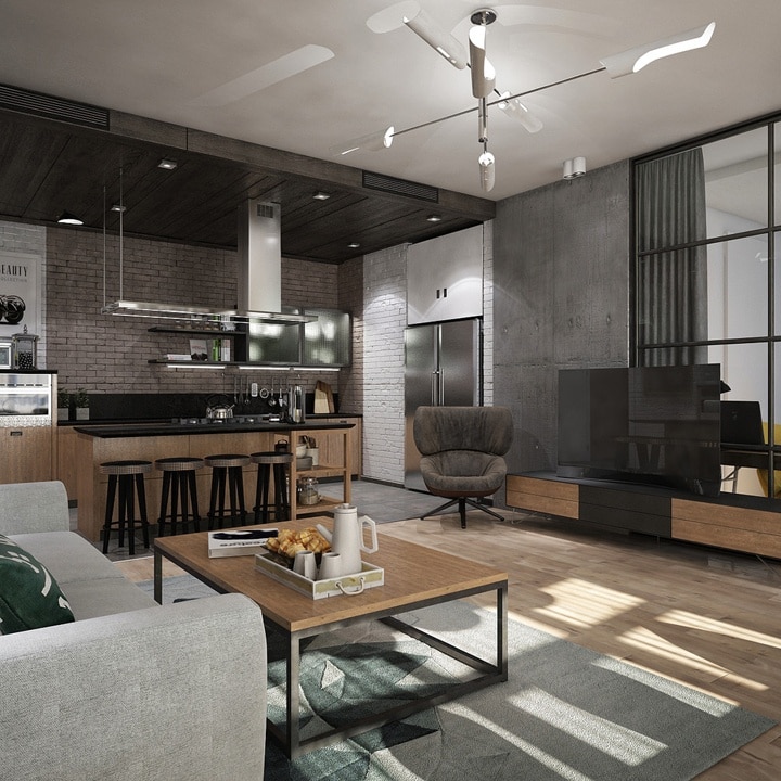 Современная кухня гостиная, натяжной белый потолок, серый ковер, множество деревянных монотонных поверхностей.
