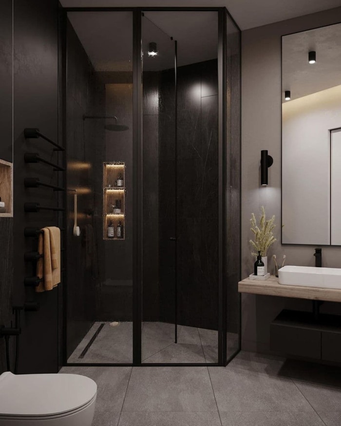 Визуализация ванной в серых и темных тонах. Дизайн Проект ЖК на Симоновском, Планировка Квартиры